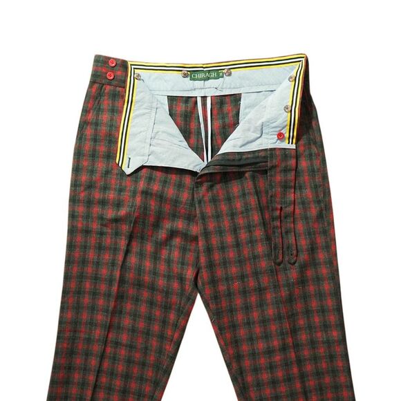 Mens 36 Gurkha Pants Green Red Plaid Check Wool Flat Front Straight Fit Trousers - Picture 4 of 8